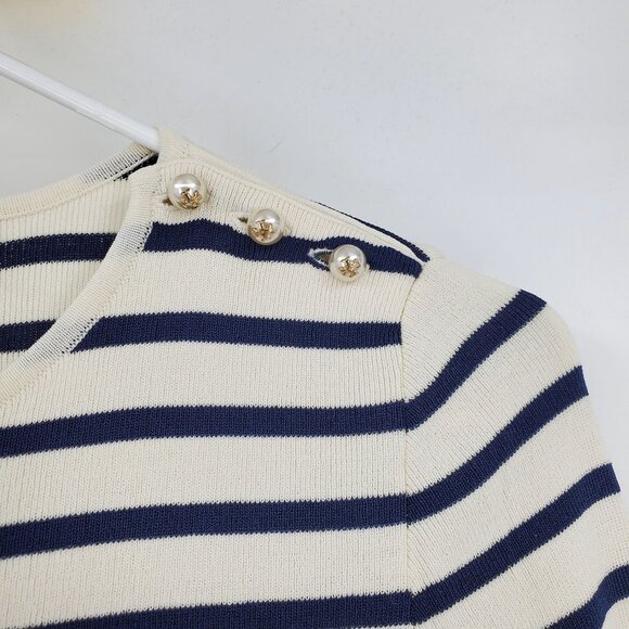 Tory Burch Navy Blue and White Striped Red Button Pearl Neck Sweater Medium - Picture 5 of 9